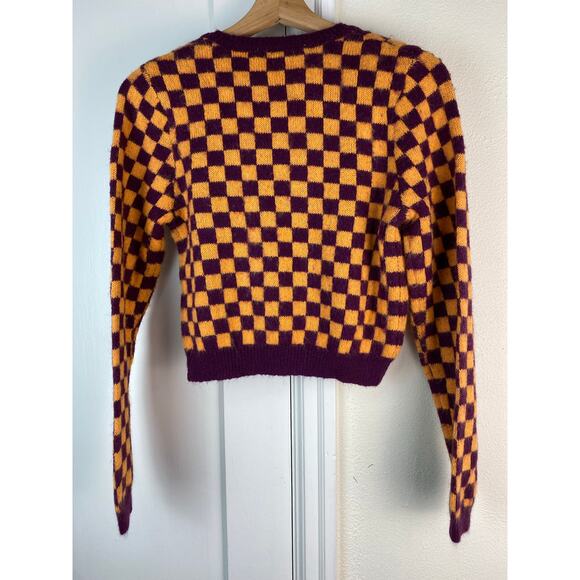 Zara Women's M Purple Orange Check Scoop Neck Crop Cardigan Sweater * - Picture 4 of 4
